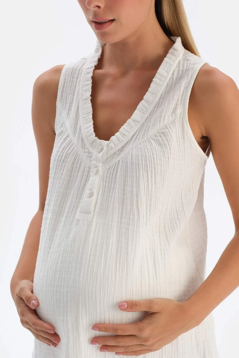 dagi White Ruffle Placket Muslin Maternity Pajama Top