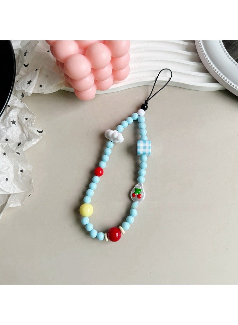 Harse Beaded phone charm strap, bracelet-style wrist lanyard, cute camera charm strap, handmade phone case accessories (clouds, cherries) - Image 1
