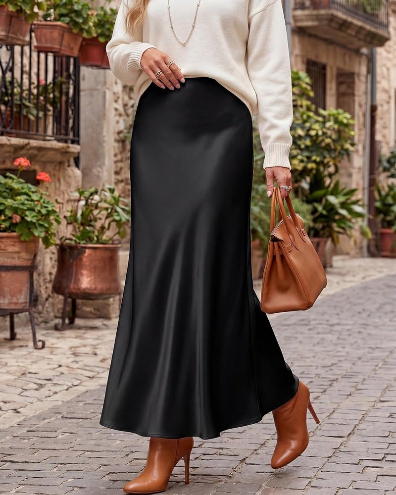 Women's Satin High Waisted Maxi Skirts Hidden Elasticized Waistband A Line Long Skirt - Image 2