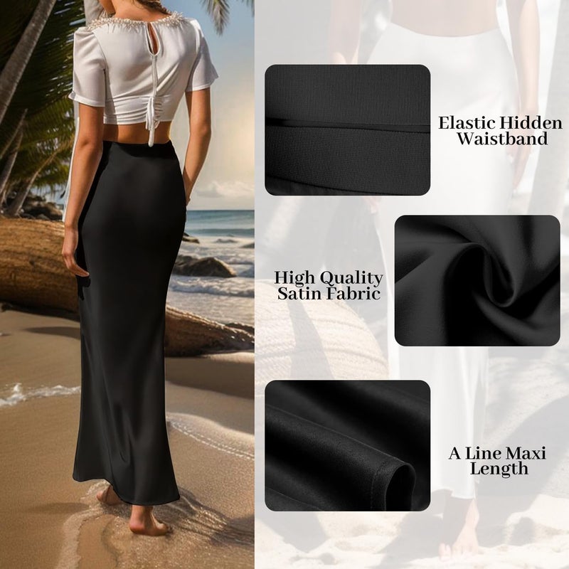 Women's Satin High Waisted Maxi Skirts Hidden Elasticized Waistband A Line Long Skirt - Image 4