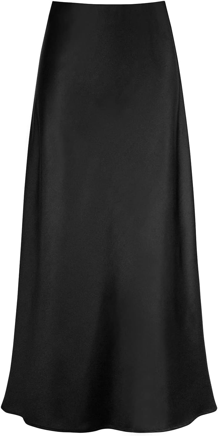 Women's Satin High Waisted Maxi Skirts Hidden Elasticized Waistband A Line Long Skirt - Image 1