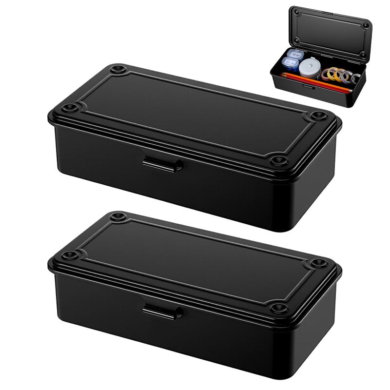 Lemecima 2 Pack Steel Storage Box with Hinged Lid, Metal Container for Scrapbook Stamps, Rectangular Empty Hinged Metal Tool Box, Storage Organizer for Pegs, Pens, Stationary (7.9 X 4 X 2 Inch) - Image 1
