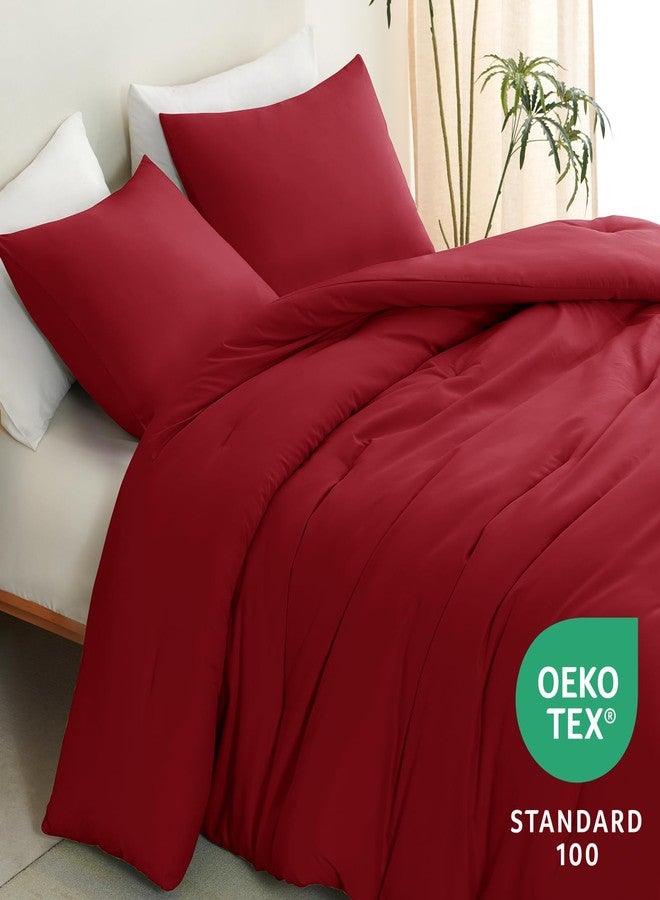 CozyLux طقم لحاف كامل الحجم من كوزي لوكس، لون أحمر داكن، 3 قطع، طقم مفروشات مبطنة بلون موحد يسمح بمرور الهواء، طقم سرير فاخر وناعم مع لحاف بديل للريش مناسب لجميع الفصول (لحاف واحد و2 غطاء وسادة). - Image 4