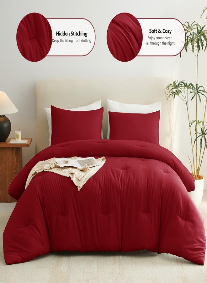 CozyLux طقم لحاف كامل الحجم من كوزي لوكس، لون أحمر داكن، 3 قطع، طقم مفروشات مبطنة بلون موحد يسمح بمرور الهواء، طقم سرير فاخر وناعم مع لحاف بديل للريش مناسب لجميع الفصول (لحاف واحد و2 غطاء وسادة). - Image 2