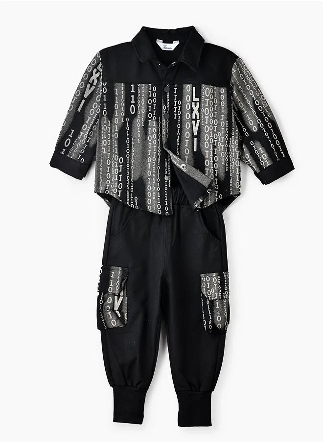 babyqlo Black Binary Print Button-Up Shirt and Jogger Set for Boys