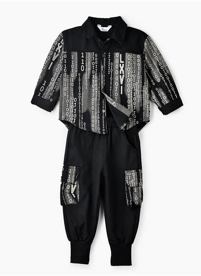 babyqlo Black Binary Print Button-Up Shirt and Jogger Set for Boys  - Image 2