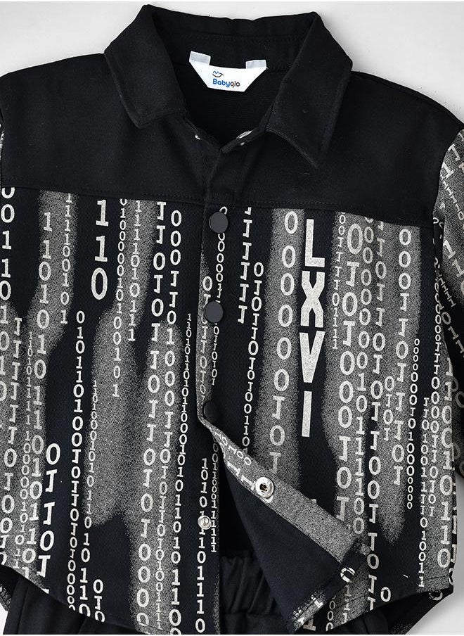 babyqlo Black Binary Print Button-Up Shirt and Jogger Set for Boys  - Image 3