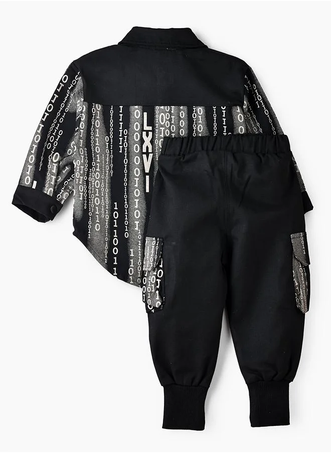 بيبي كلو Black Binary Print Button-Up Shirt and Jogger Set for Boys
