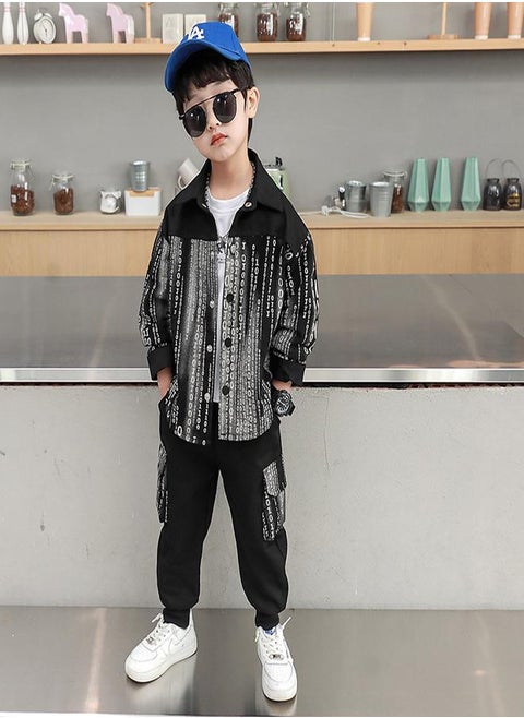 Black Binary Print Button-Up Shirt and Jogger Set for Boys