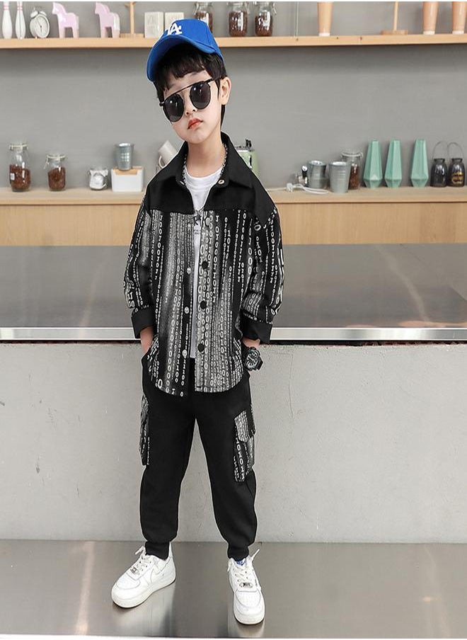 babyqlo Black Binary Print Button-Up Shirt and Jogger Set for Boys  - Image 1