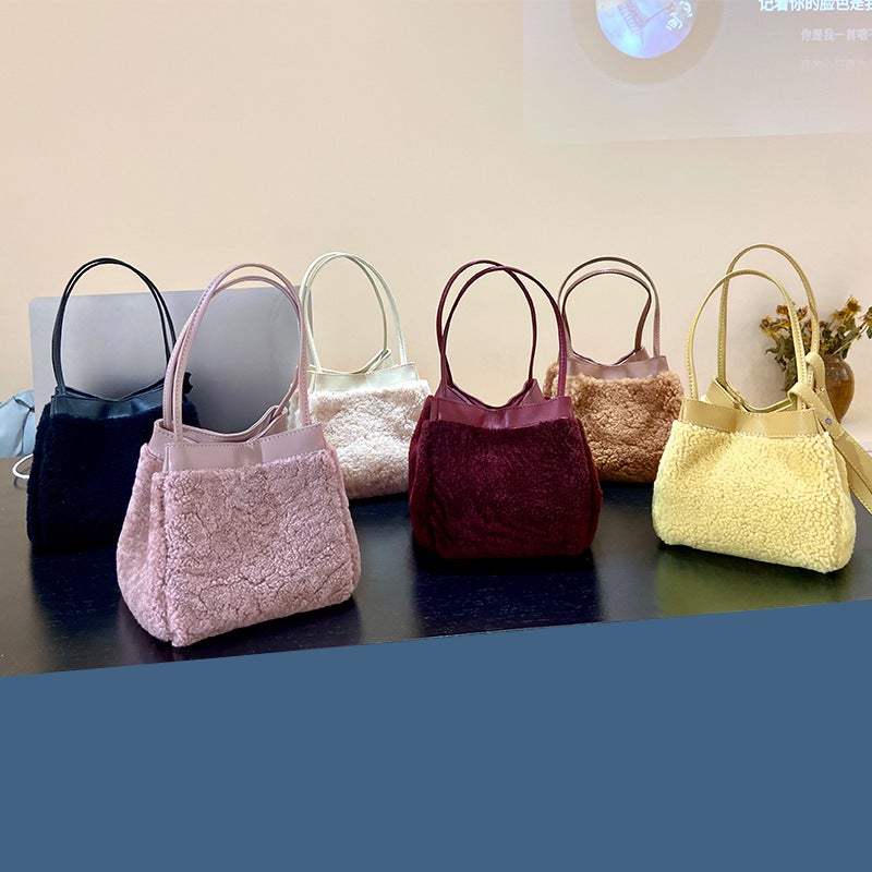 Plush Bag Women'S Niche Lamb Wool Bucket Bag Fashion Handbag Simple Cute Shoulder Crossbody Small Square Bag - Image 2
