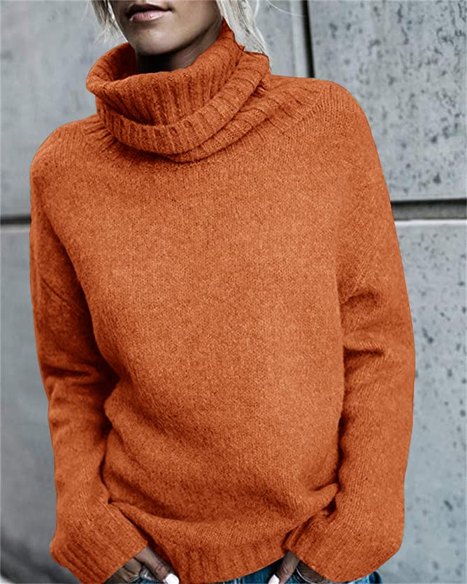 FISACE Womens Oversized Turtleneck Pullover Sweater Cable Knit Long Sleeve Sweater Tops A-Orange - Image 2