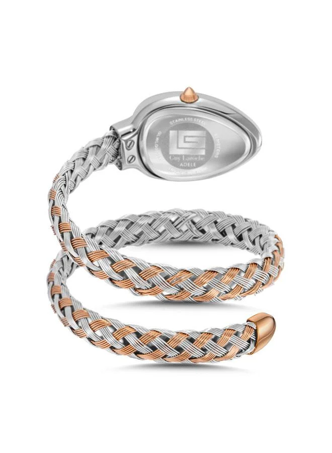 غاي لاروش ساعة يد نسائية بعقارب مينا من عرق اللؤلؤ الأبيض وسوار معدني فضي وذهبي وردي . مم