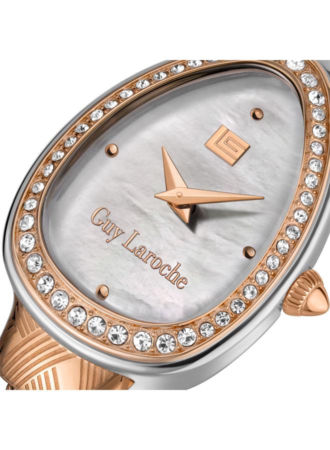 غاي لاروش ساعة يد نسائية بعقارب مينا من عرق اللؤلؤ الأبيض وسوار معدني فضي وذهبي وردي . مم - Image 3