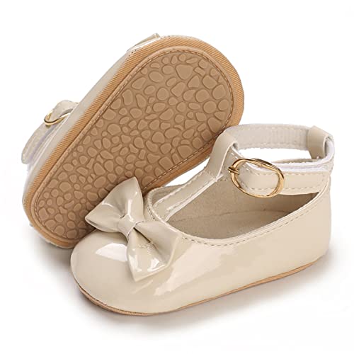 COSANKIM Baby Girls Mary Jane Flats Shoes Anti-Slip Rubber Sole Infant Toddler Princess Wedding Dress Shoes(01 Beige, 3-6 Months Infant) - Image 1