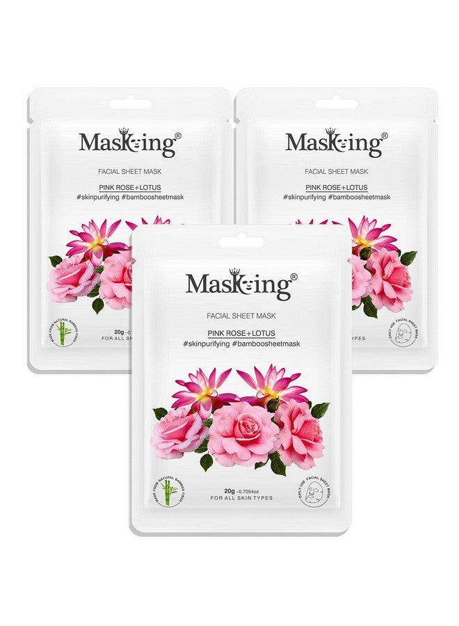 MasKing Bamboo Facial Sheet Mask of Pink Rose & Lotus for Skin Purifying Ideal for Women & Men, 20ml each (Pack of 3) - Image 1