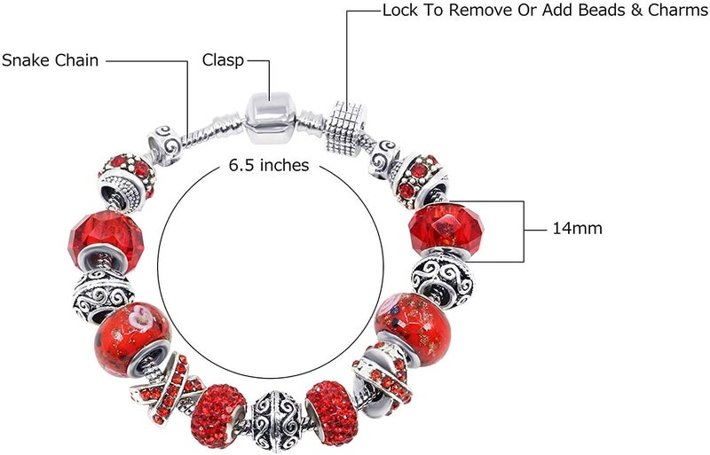 Savlano Silver Tone Red Charm Bracelet with Crystal and Murano Glass Beads Snake Chain for Women Comes in a Gift Box - Image 2