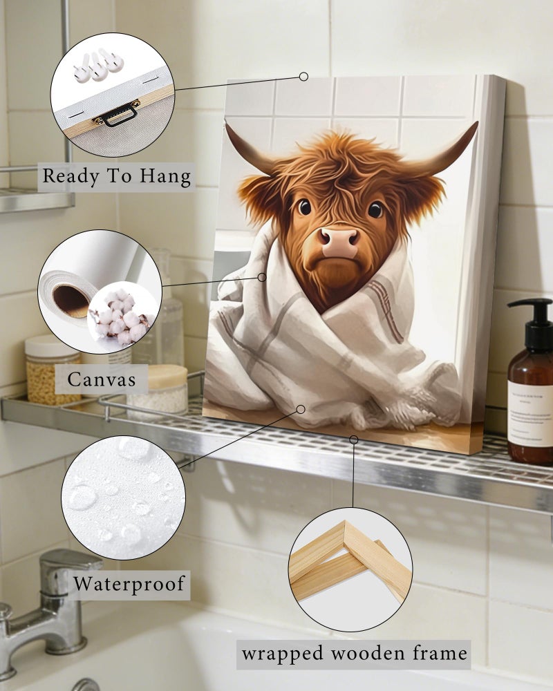 Drsoum Cute Highland Cow Bathroom Framed Wall Art Funny Animal Rustic Canvas Prints for Bathroom Restroom Decor 8x10in (Framed) - Image 3