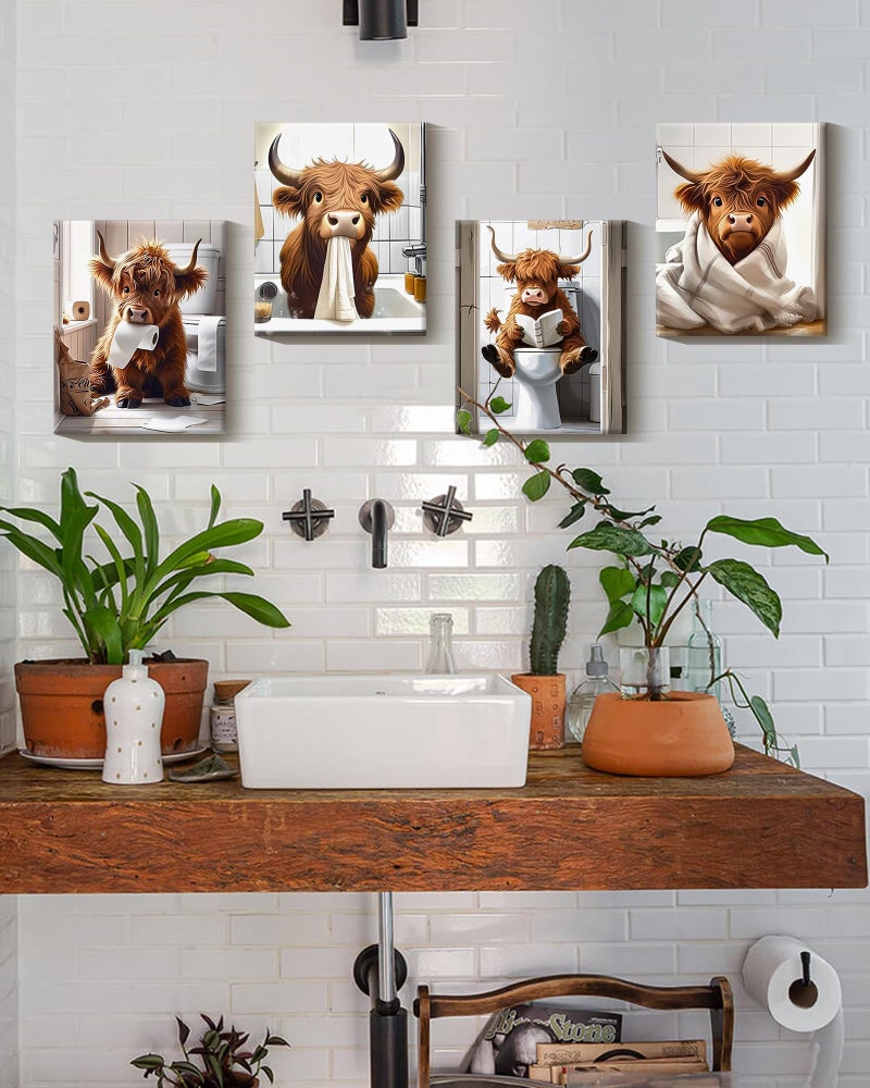 Drsoum Cute Highland Cow Bathroom Framed Wall Art Funny Animal Rustic Canvas Prints for Bathroom Restroom Decor 8x10in (Framed) - Image 2