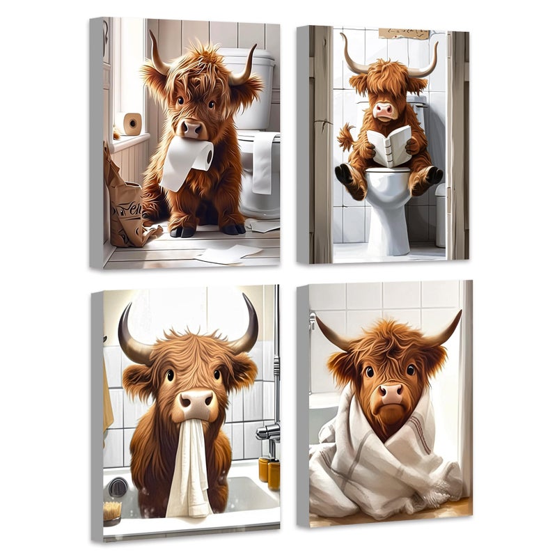 Drsoum Cute Highland Cow Bathroom Framed Wall Art Funny Animal Rustic Canvas Prints for Bathroom Restroom Decor 8x10in (Framed) - Image 1