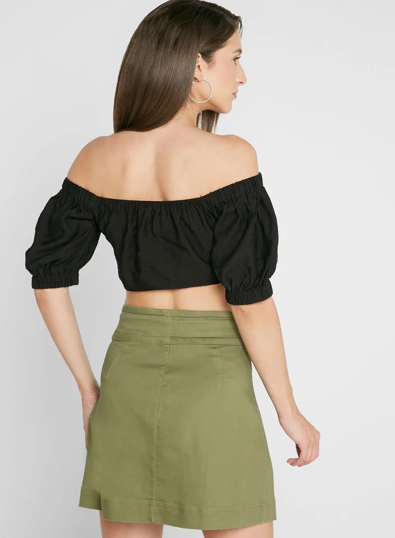 BCBGeneration Front Ruched Bardot Crop Top