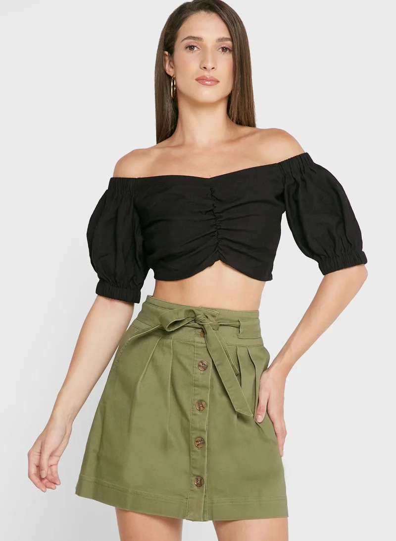 BCBGeneration Front Ruched Bardot Crop Top