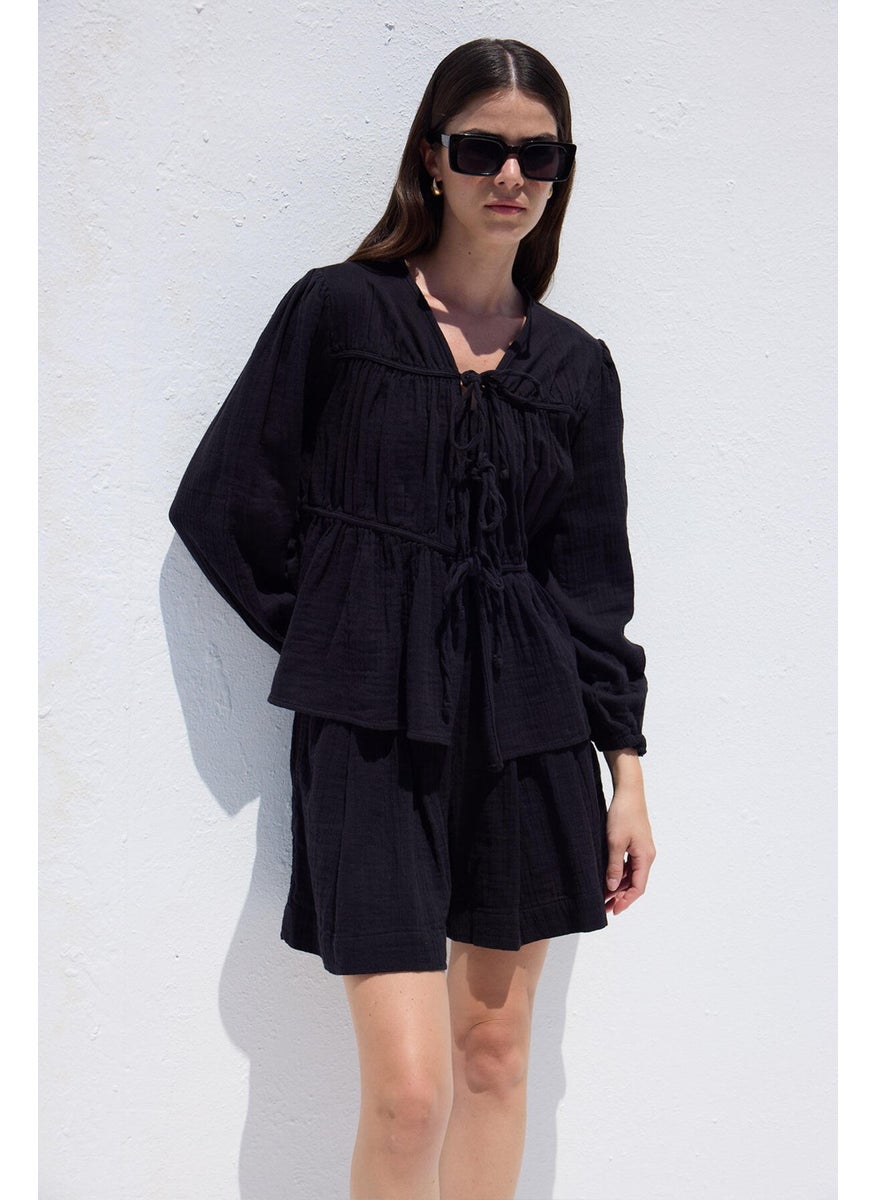 Manuka - Tie Detailed Muslin Blouse Black - Image 1