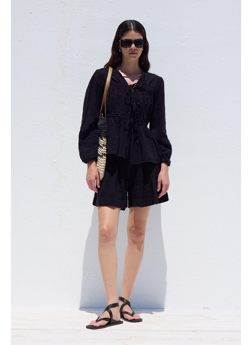 Manuka - Tie Detailed Muslin Blouse Black - Image 1