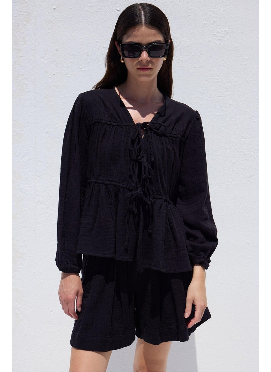Manuka - Tie Detailed Muslin Blouse Black - Image 1