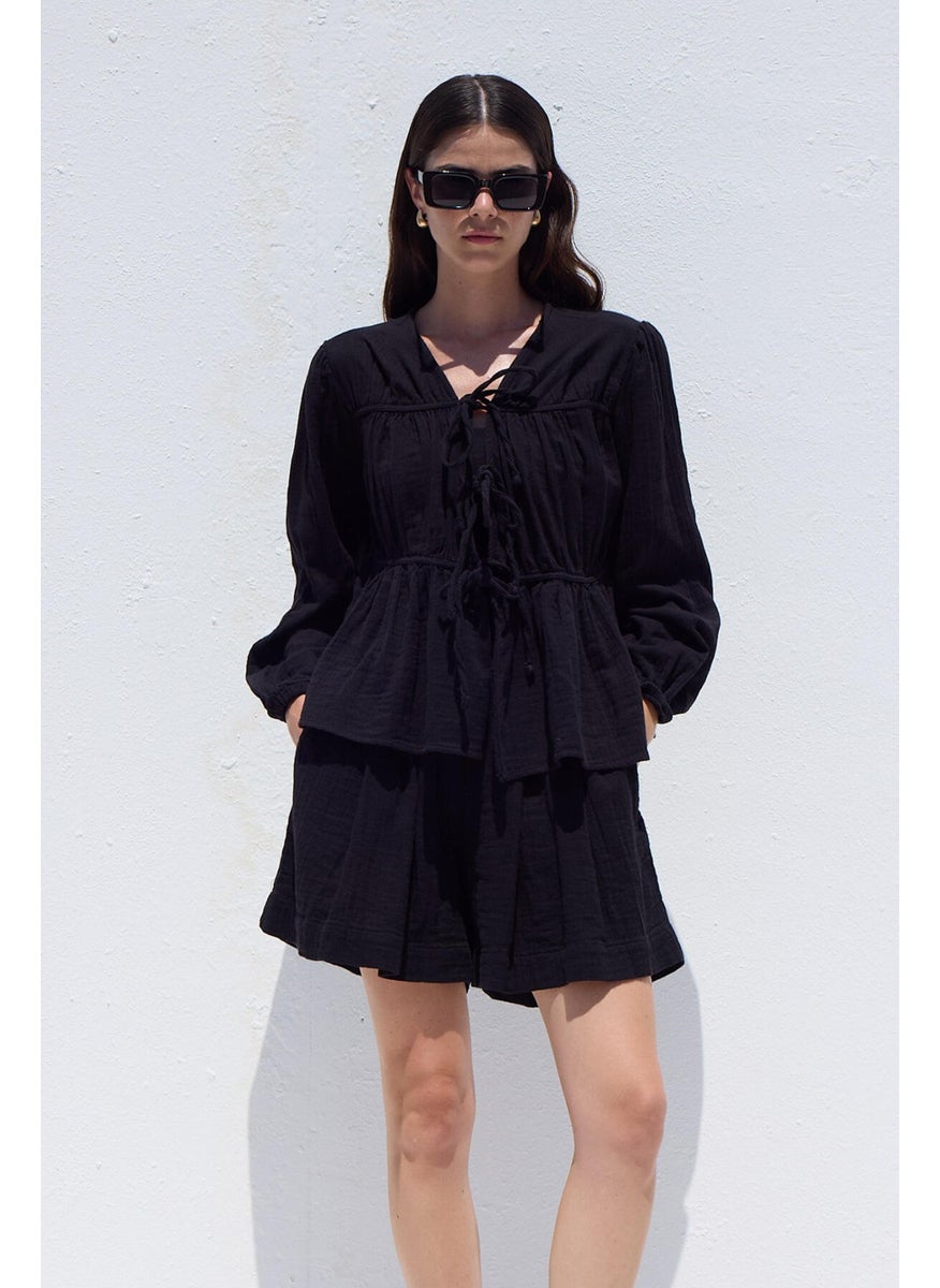 Manuka - Tie Detailed Muslin Blouse Black - Image 1
