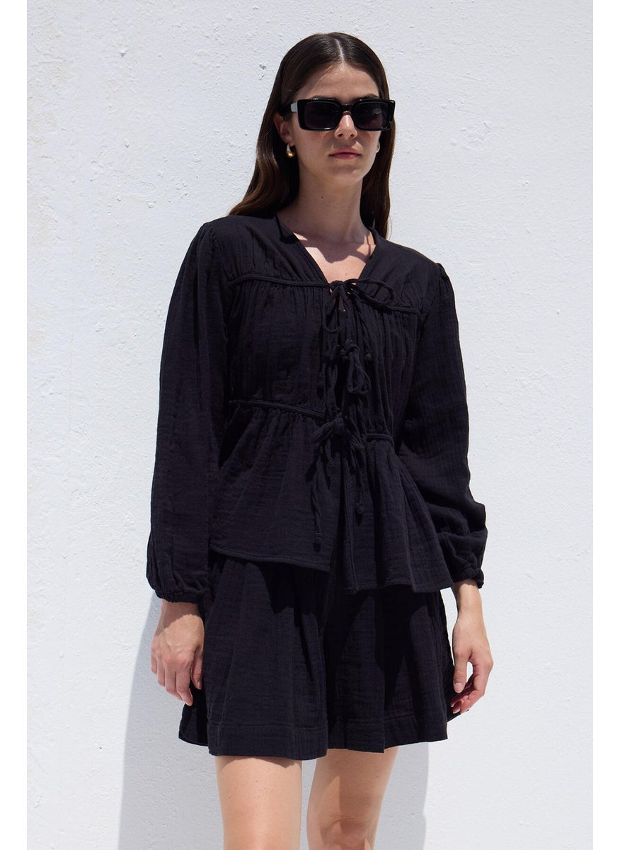 Manuka - Tie Detailed Muslin Blouse Black - Image 1
