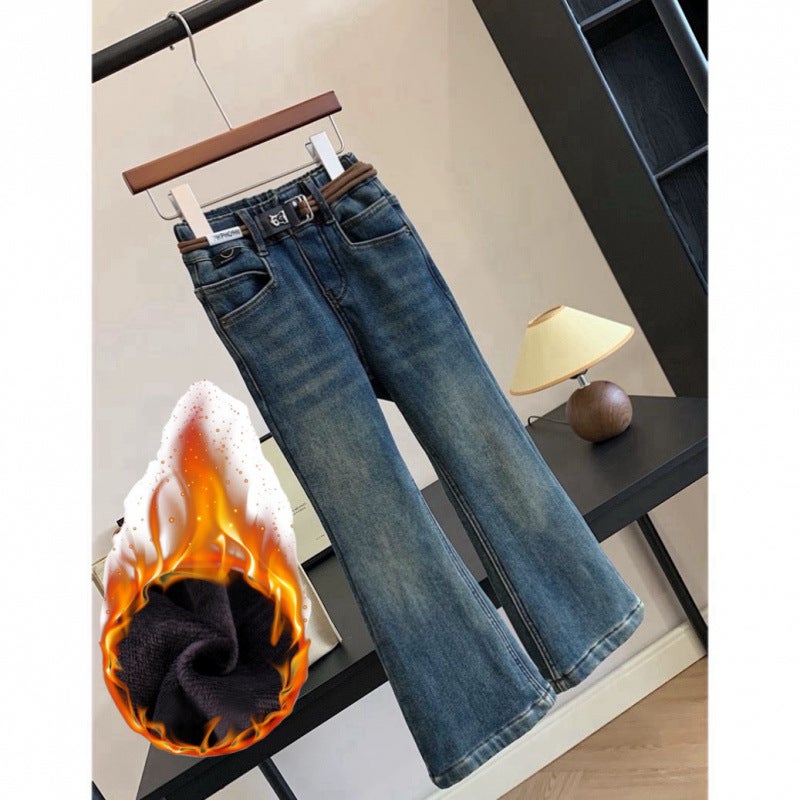 Brand Children'S Wear 2023 Winter Women'S All-Match One-Piece Velvet Thickened Washed Jeans Flared Pants Trousers - Image 2