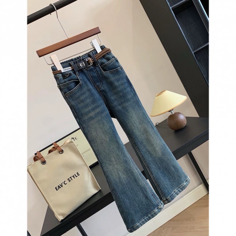 Brand Children'S Wear 2023 Winter Women'S All-Match One-Piece Velvet Thickened Washed Jeans Flared Pants Trousers - Image 4
