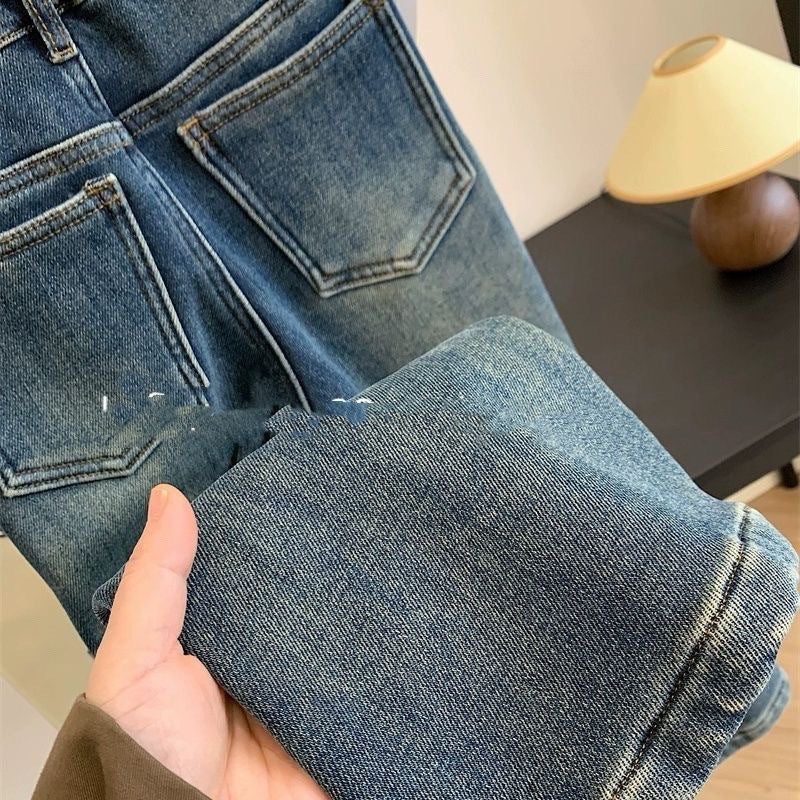 Brand Children'S Wear 2023 Winter Women'S All-Match One-Piece Velvet Thickened Washed Jeans Flared Pants Trousers - Image 5