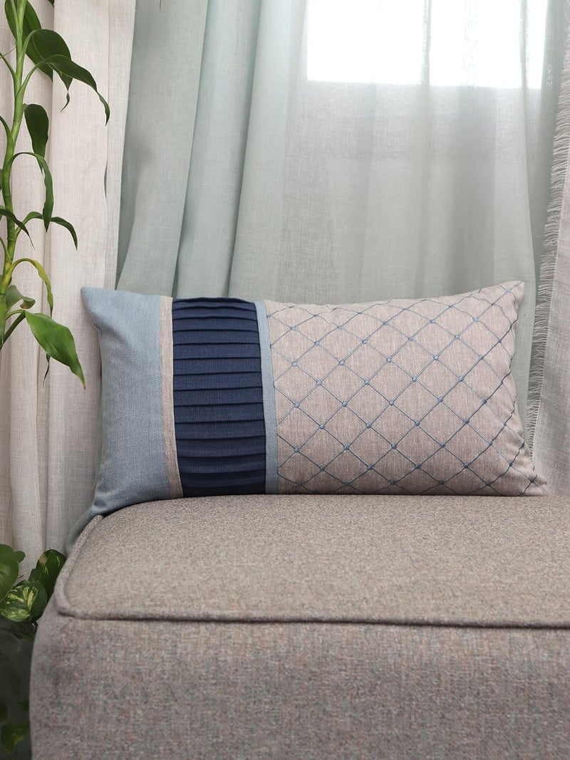 ZEBA World Cushion Cover Cotton Patchwork with Pleats and Embroidery of Checks - 12inches X 22inches - Image 1