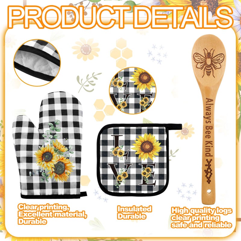 Bencailor 13 Pcs Bee Sunflower Farmhouse Kitchen Set Include 5 Cute Wooden Spoons 2 Kitchen Towels 2 Apron 2 Oven Mitts 2 Pot Holders for Housewarming Gifts(Black,Sunflower) - Image 4