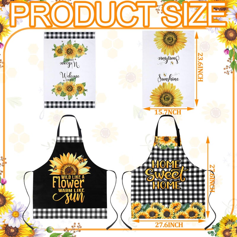Bencailor 13 Pcs Bee Sunflower Farmhouse Kitchen Set Include 5 Cute Wooden Spoons 2 Kitchen Towels 2 Apron 2 Oven Mitts 2 Pot Holders for Housewarming Gifts(Black,Sunflower) - Image 3