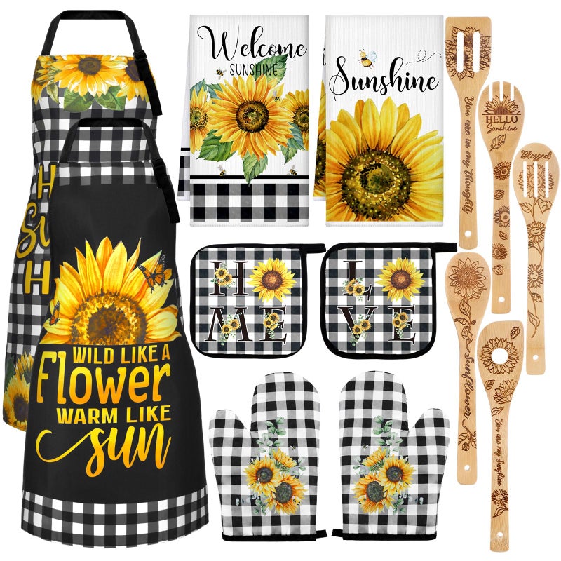 Bencailor 13 Pcs Bee Sunflower Farmhouse Kitchen Set Include 5 Cute Wooden Spoons 2 Kitchen Towels 2 Apron 2 Oven Mitts 2 Pot Holders for Housewarming Gifts(Black,Sunflower) - Image 1