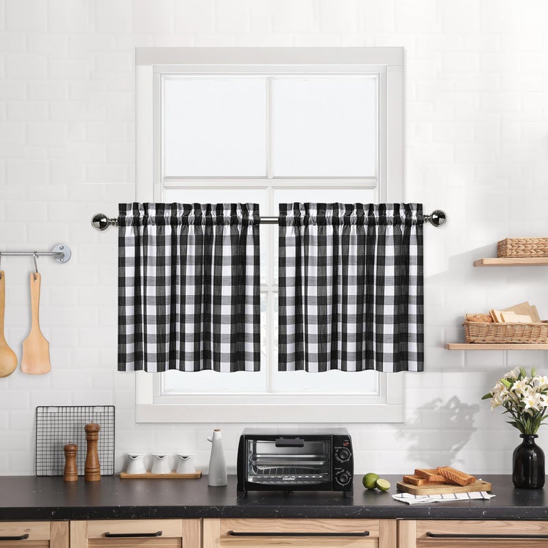 Black and White Farmhouse Gingham Tiers Kitchen Curtains 24 Inches Long Buffalo Plaid Check Half Window Cafe Curtains for Kitchen Bathroom 28 x 24 BlackWhite Set of 2