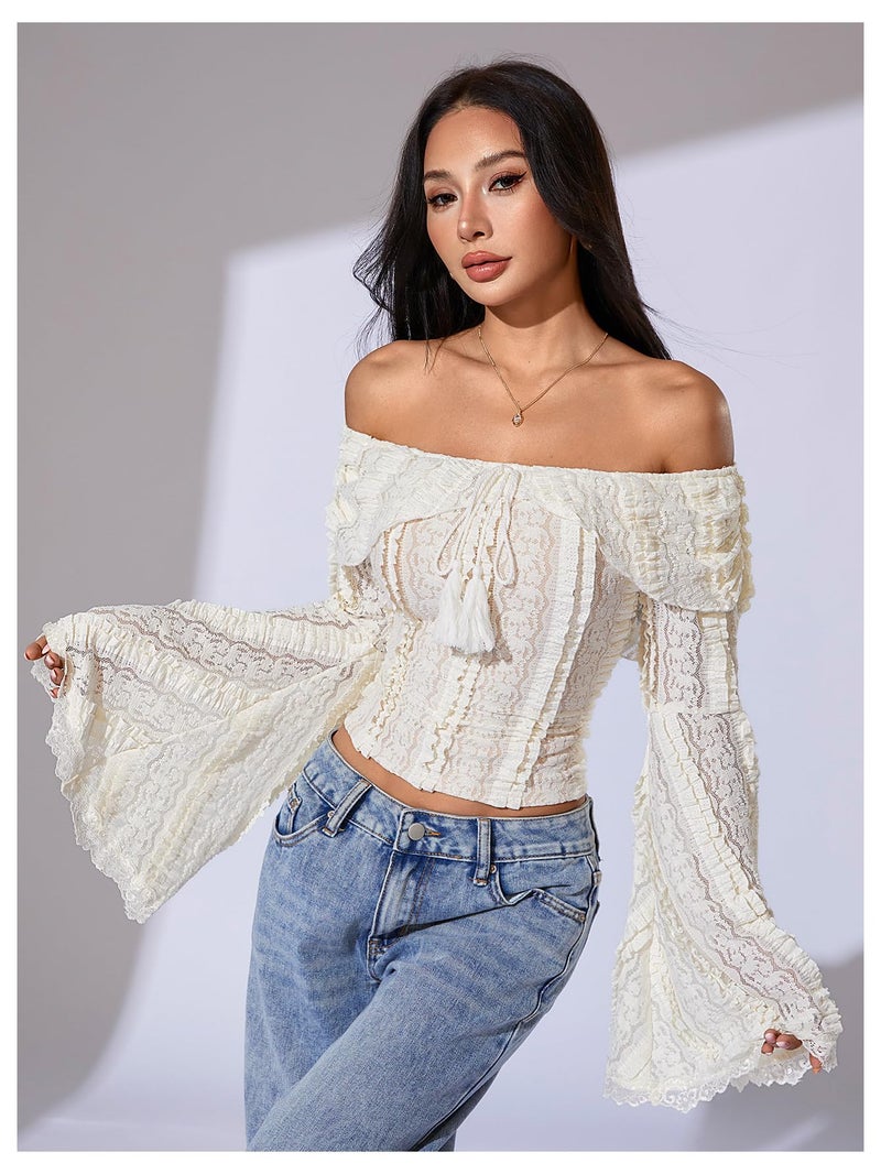 MakeMeChic قمصان دانتيل بأكمام جرس للنساء من MakeMeChic، قمصان قصيرة بدون أكتاف، قمصان صيفية بوهيمية للخروج، بيضاء، متوسطة - Image 5
