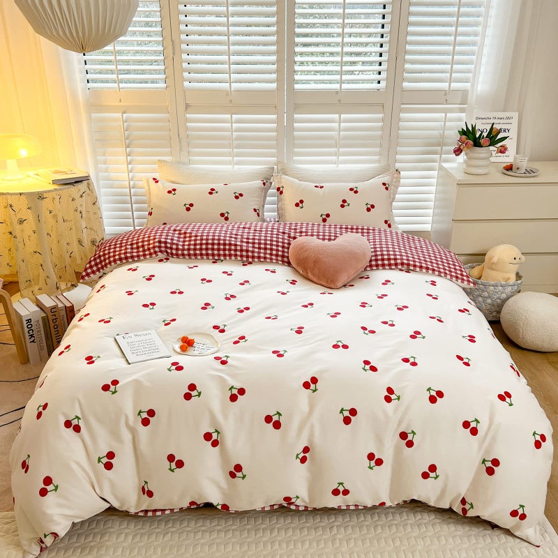 BlueBlue BlueBlue Cherry Kids Duvet Cover Set Queen 100 Cotton Bedding for Boys Girls Teens Cartoon Red Cherries Pattern on White 1 Cute Fruit Full Comforter Cover 2 Pillow Shams Queen 