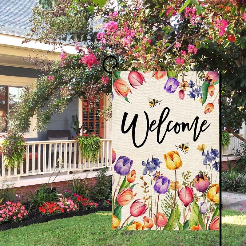 Baccessor Spring Summer Easter Tulip Welcome Garden Flag Double Sided Bee Colorful Floral Small Burlap Yard House Seasonal Farmhouse Outside Outdoor Decoration 12.5 x 18 Inch - Image 2