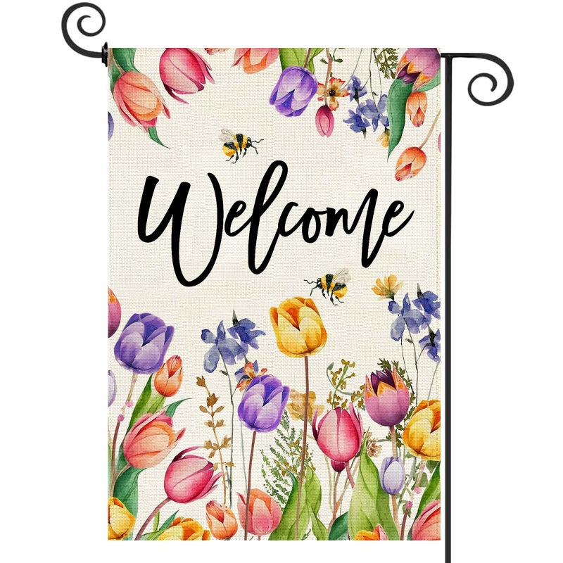 Baccessor Spring Summer Easter Tulip Welcome Garden Flag Double Sided Bee Colorful Floral Small Burlap Yard House Seasonal Farmhouse Outside Outdoor Decoration 12.5 x 18 Inch - Image 1
