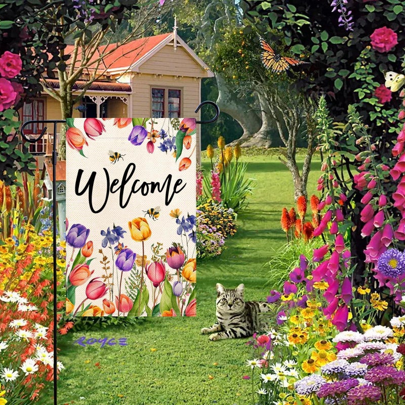 Baccessor Spring Summer Easter Tulip Welcome Garden Flag Double Sided Bee Colorful Floral Small Burlap Yard House Seasonal Farmhouse Outside Outdoor Decoration 12.5 x 18 Inch - Image 4