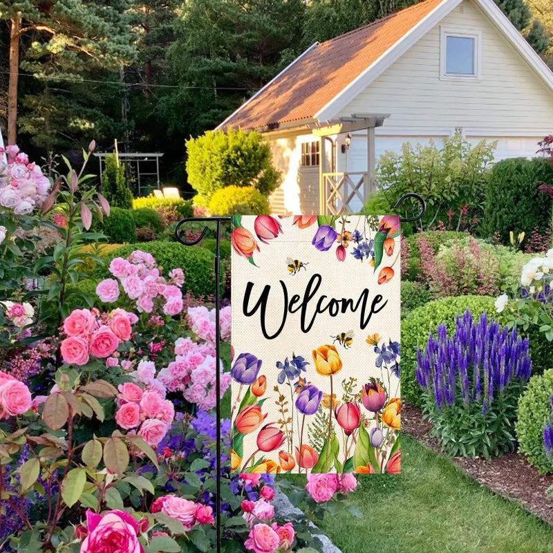 Baccessor Spring Summer Easter Tulip Welcome Garden Flag Double Sided Bee Colorful Floral Small Burlap Yard House Seasonal Farmhouse Outside Outdoor Decoration 12.5 x 18 Inch - Image 3