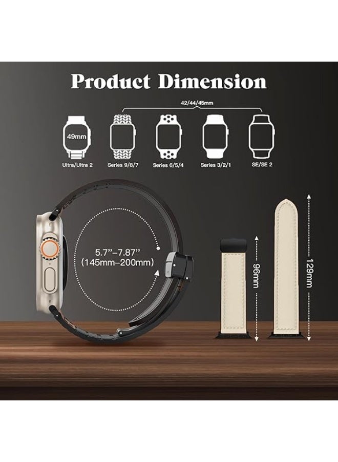 Magnetic Leather Band Compatible with Apple Watch Ultra/Ultra 2 49mm 45mm 44mm 42mm, Genuine Leather Magnetic Clasp Strap for iWatch Ultra SE 2 Series 8 7 6 5 4 3 2 1 for Men Women - White - Image 4