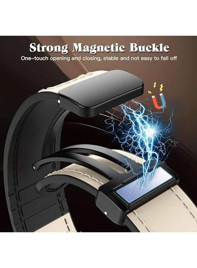 Magnetic Leather Band Compatible with Apple Watch Ultra/Ultra 2 49mm 45mm 44mm 42mm, Genuine Leather Magnetic Clasp Strap for iWatch Ultra SE 2 Series 8 7 6 5 4 3 2 1 for Men Women - White - Image 3