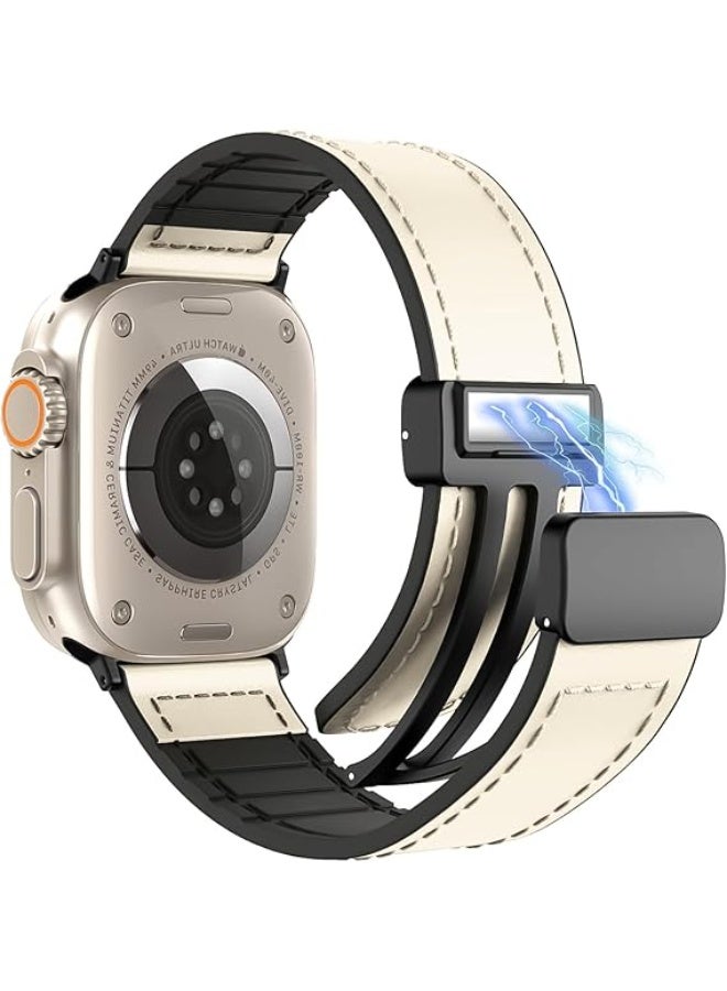 Magnetic Leather Band Compatible with Apple Watch Ultra/Ultra 2 49mm 45mm 44mm 42mm, Genuine Leather Magnetic Clasp Strap for iWatch Ultra SE 2 Series 8 7 6 5 4 3 2 1 for Men Women - White - Image 1