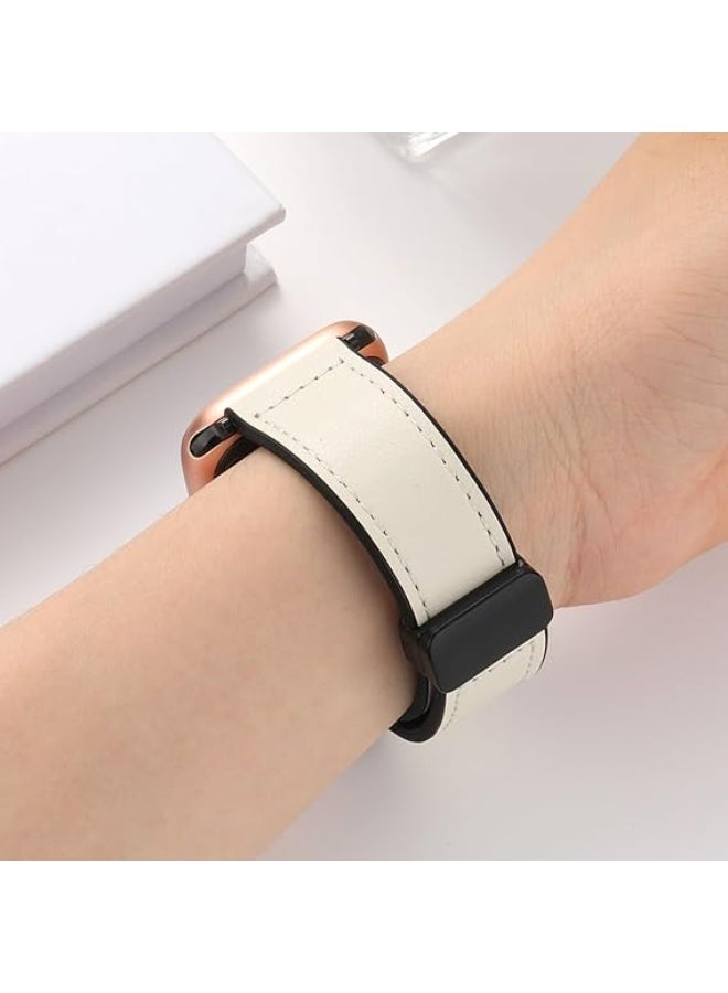 Magnetic Leather Band Compatible with Apple Watch Ultra/Ultra 2 49mm 45mm 44mm 42mm, Genuine Leather Magnetic Clasp Strap for iWatch Ultra SE 2 Series 8 7 6 5 4 3 2 1 for Men Women - White - Image 2