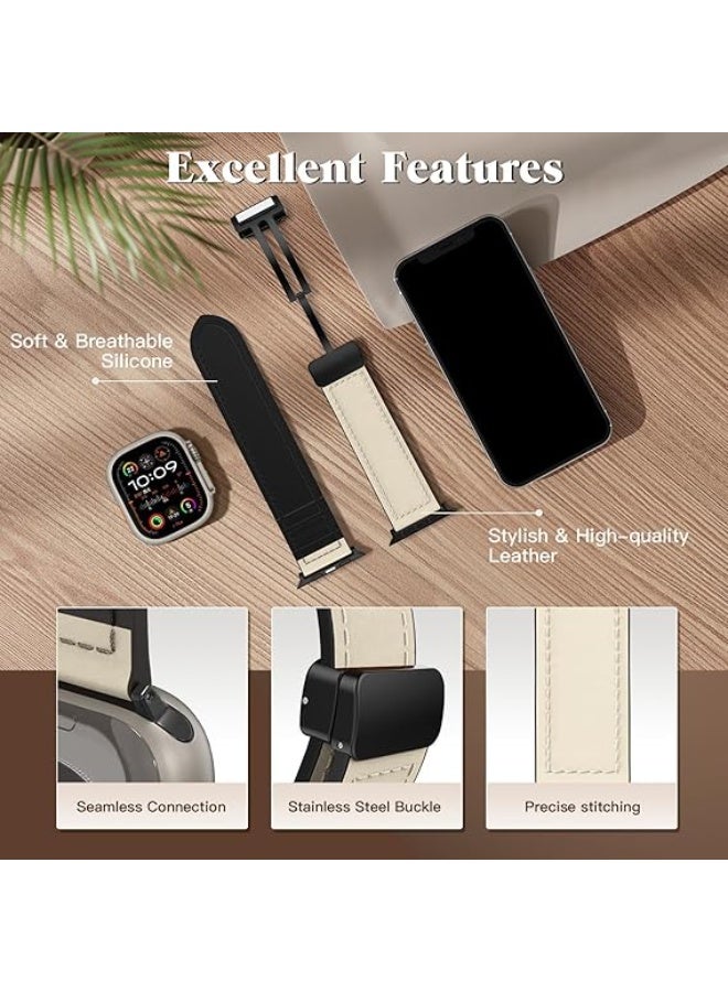 Magnetic Leather Band Compatible with Apple Watch Ultra/Ultra 2 49mm 45mm 44mm 42mm, Genuine Leather Magnetic Clasp Strap for iWatch Ultra SE 2 Series 8 7 6 5 4 3 2 1 for Men Women - White - Image 5